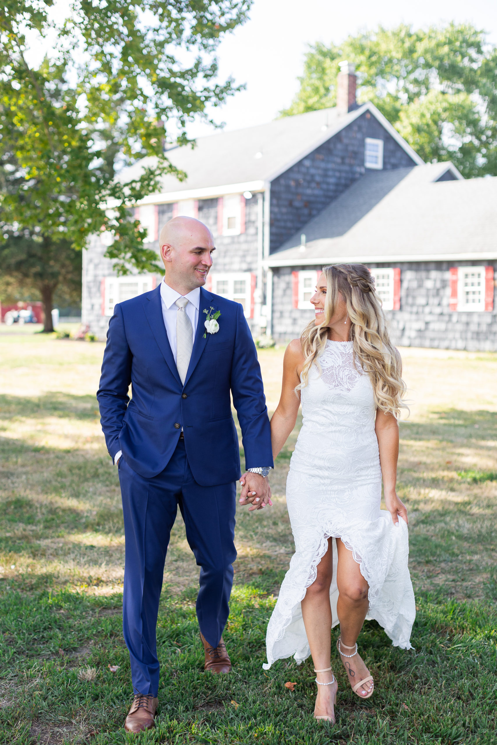 nj farm backyard wedding day blue suit