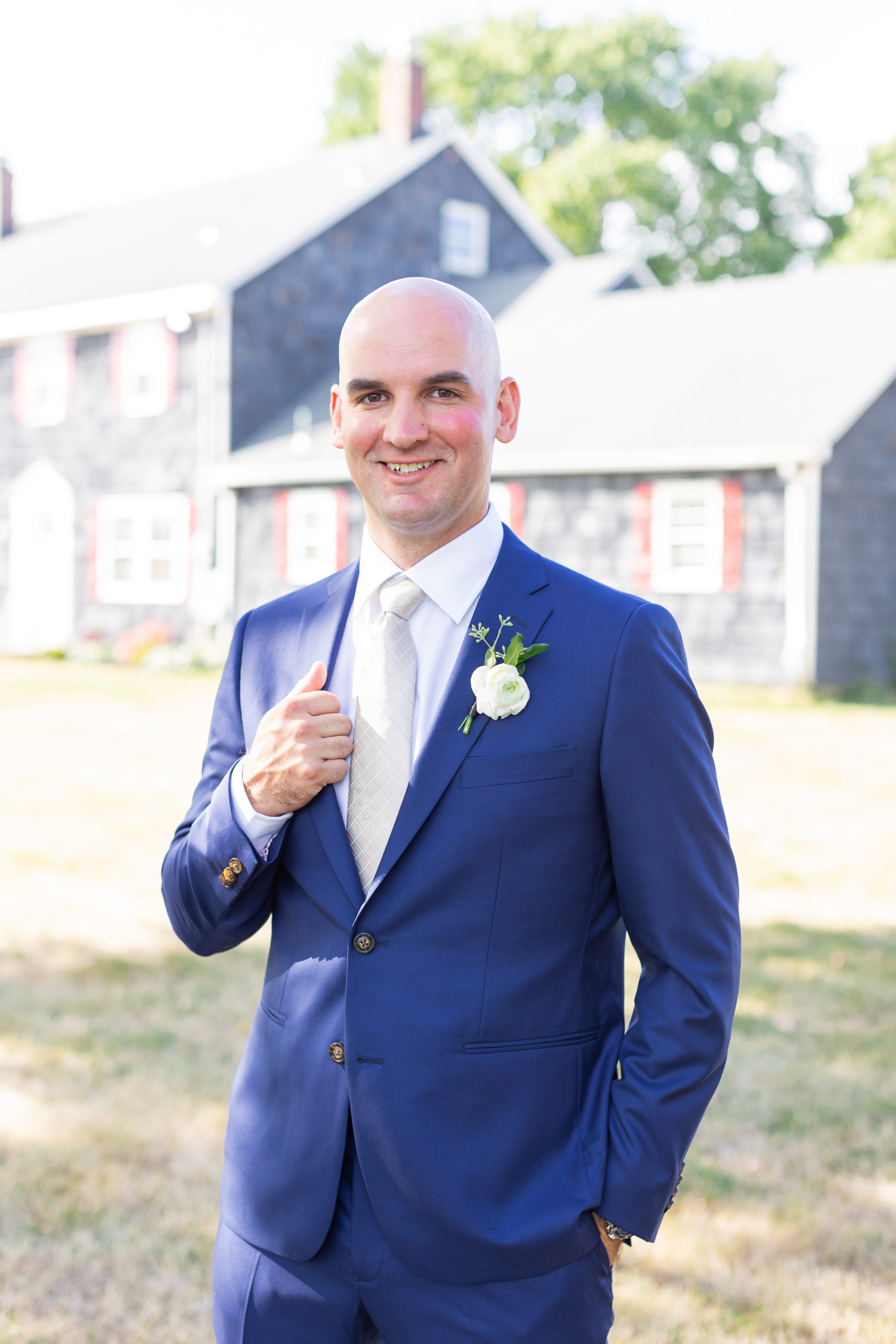 nj farm backyard wedding day blue suit