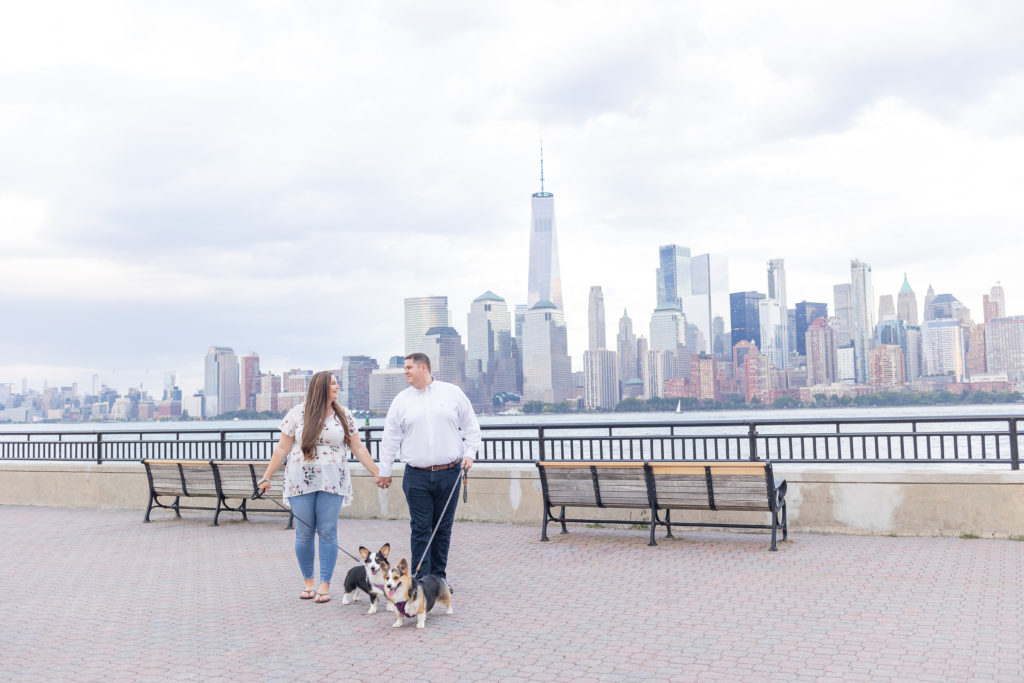 NYC skyline engagement walking dogs