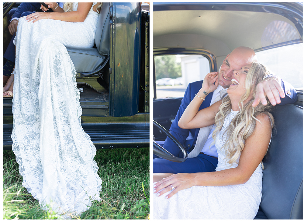 vintage ford truck wedding day photos cascading wedding gown