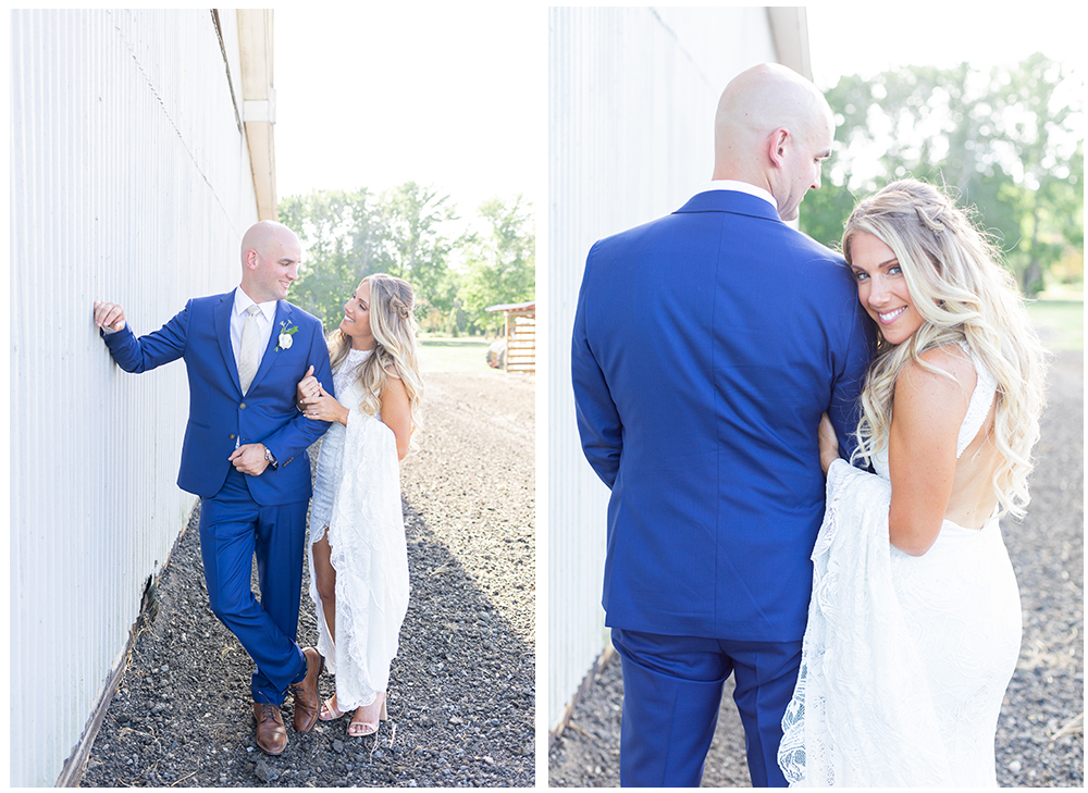 bride and groom farm wedding blue suit leaning