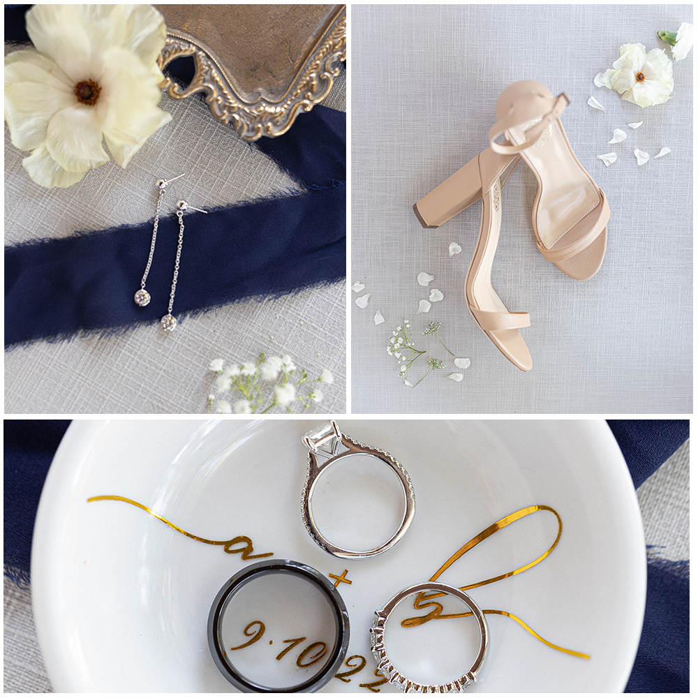 wedding day shoes earrings rings and ring dish
