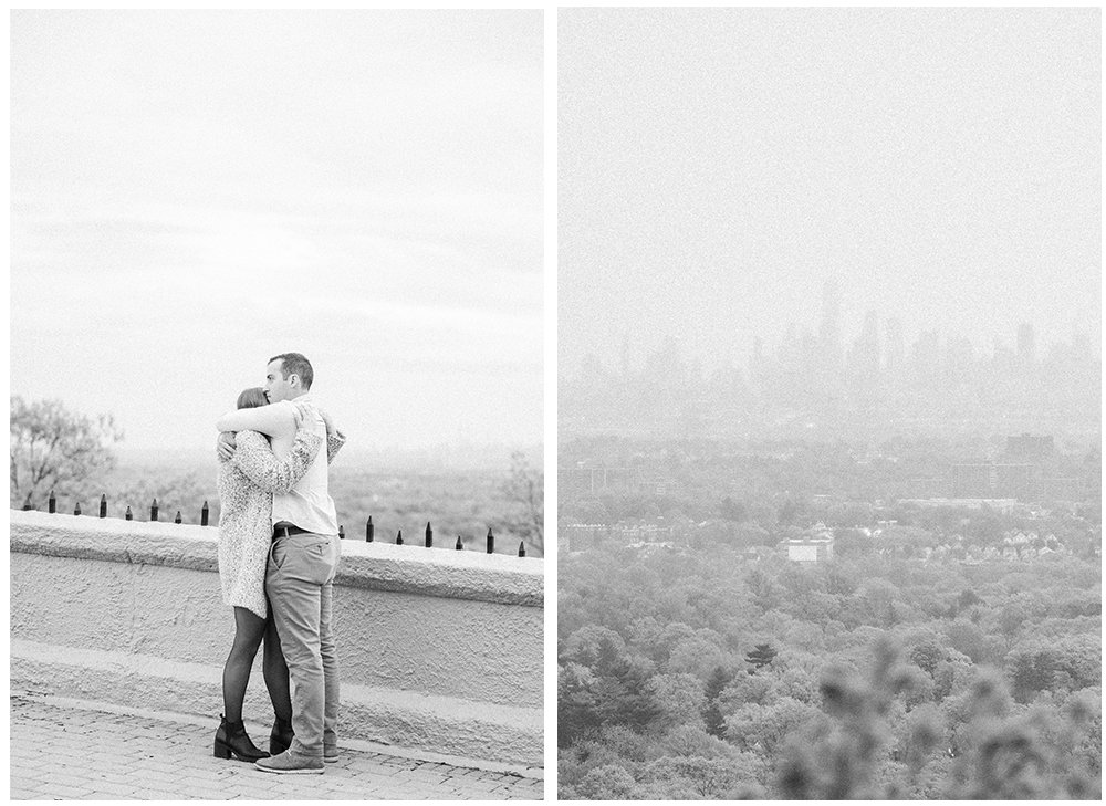 Proposal, couple hugging, NYC skyline from New Jersey