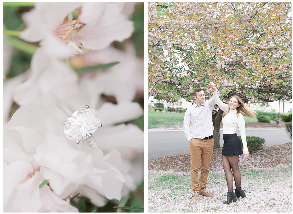 just engaged, proposal, cherry blossom trees, new jersey, spinning, engagement ring