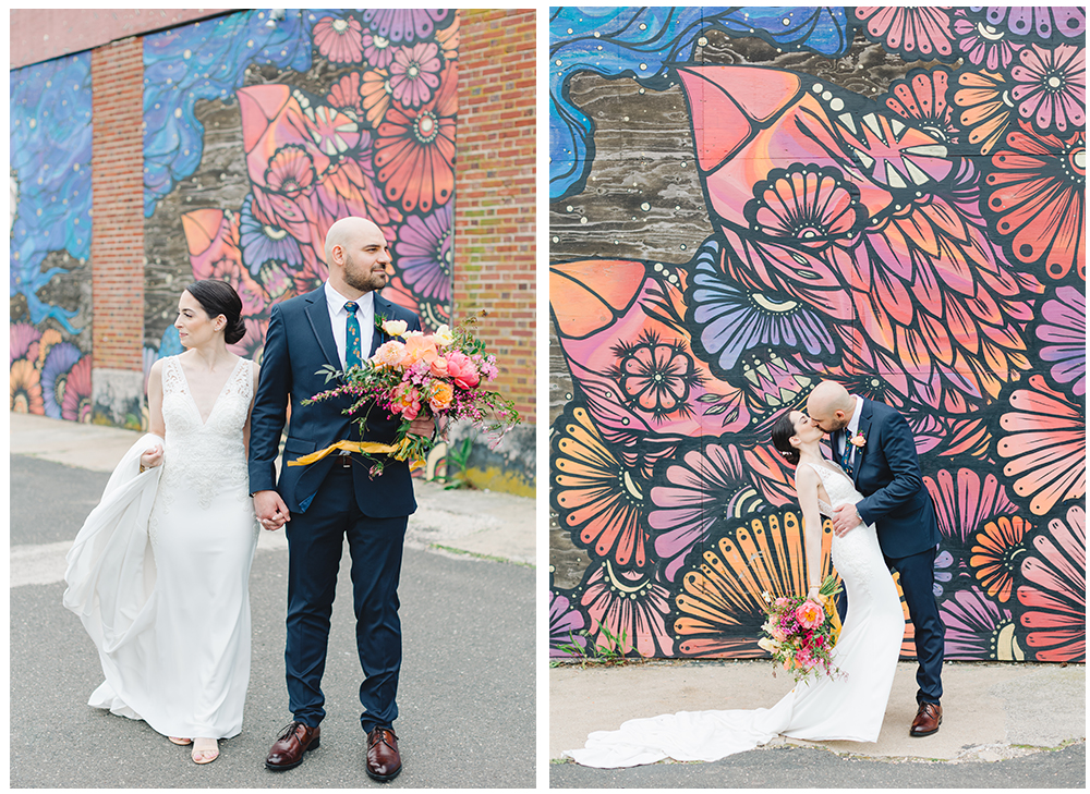 bride and groom kiss in front of asbury park murals