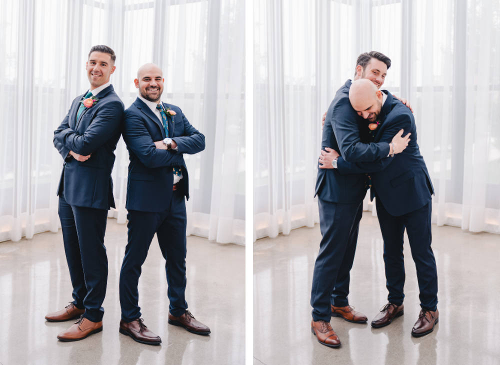 groomsmen standing back to back and hugging