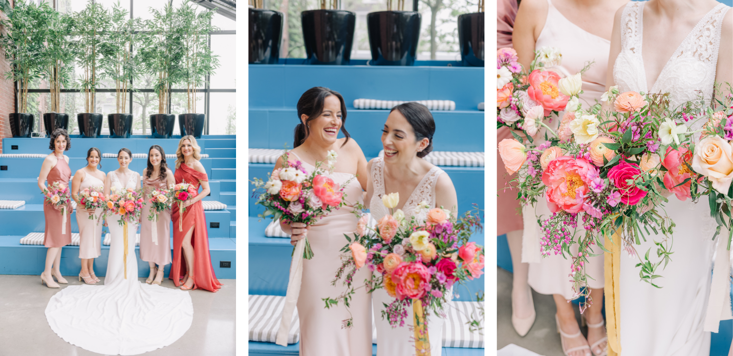 bridesmaids laughing and smiling holding bouquets