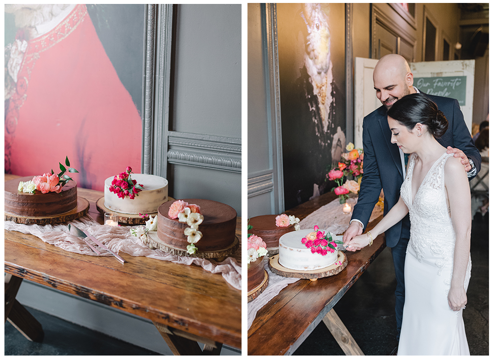three cakes with bride and groom cutting cake 