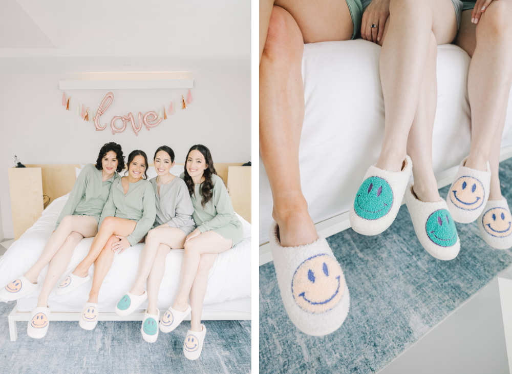 sage green bridesmaids in pajamas with smiley face slippers at the Asbury Hotel 