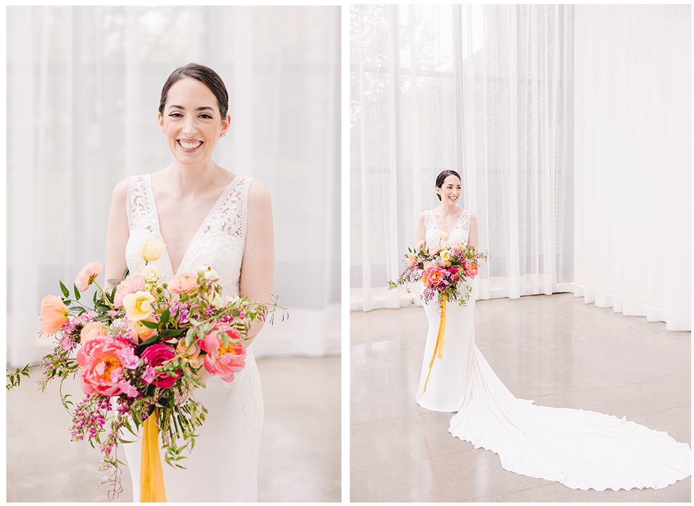 bride in white room holding bouquet