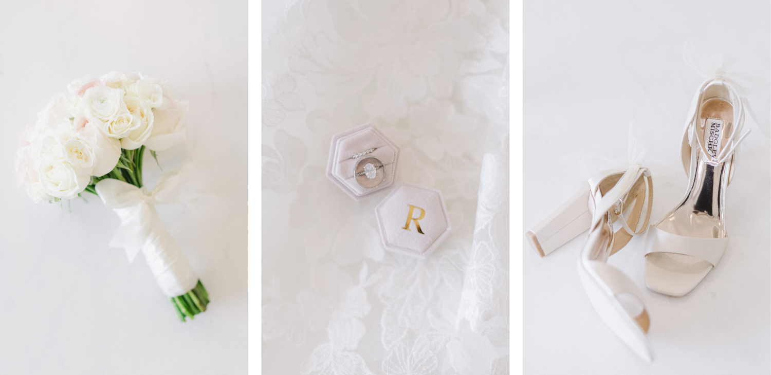 bouquet, ring and shoe wedding details