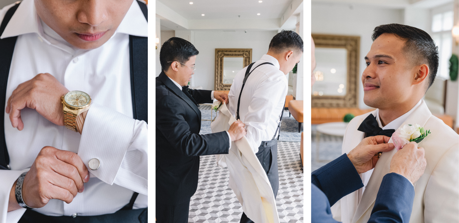 groom getting ready for wedding with watch, jacket and boutinniere