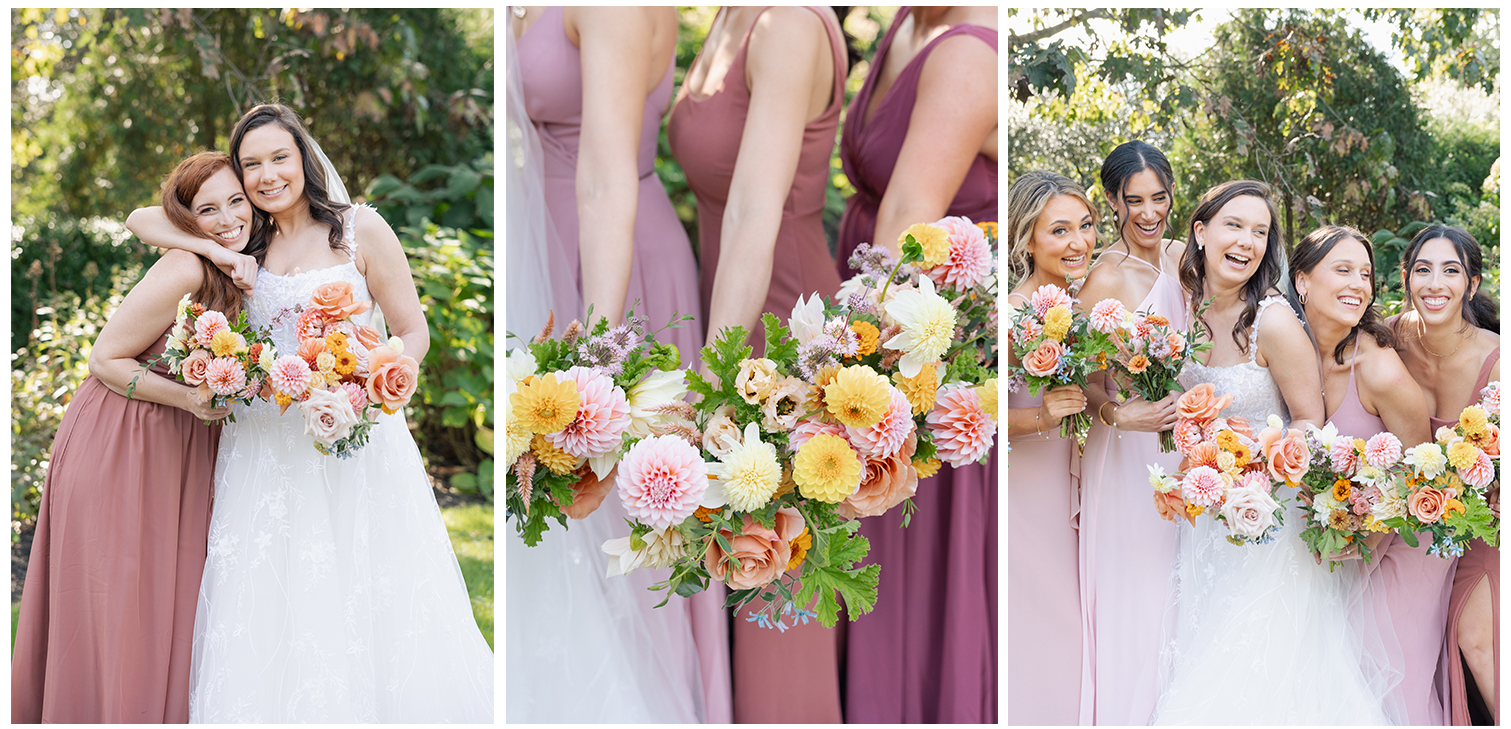 bridal party in red blush and pink holding bouquets