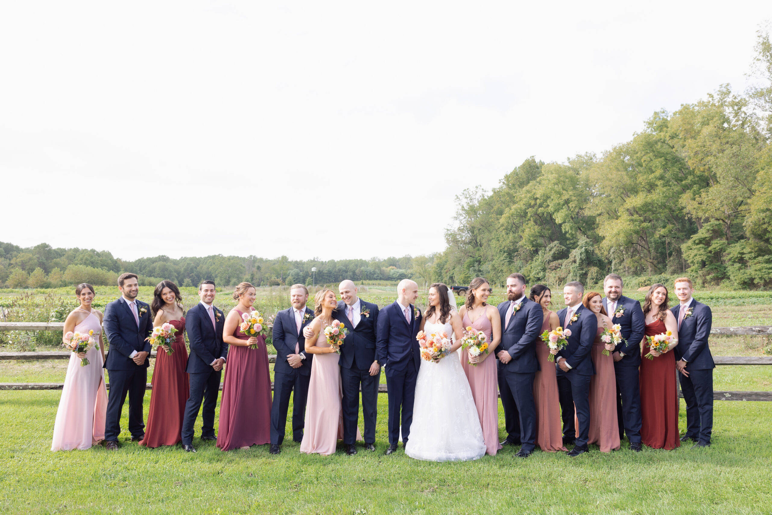 the inn at fernbrook farms bridal party in front of an open field and fence