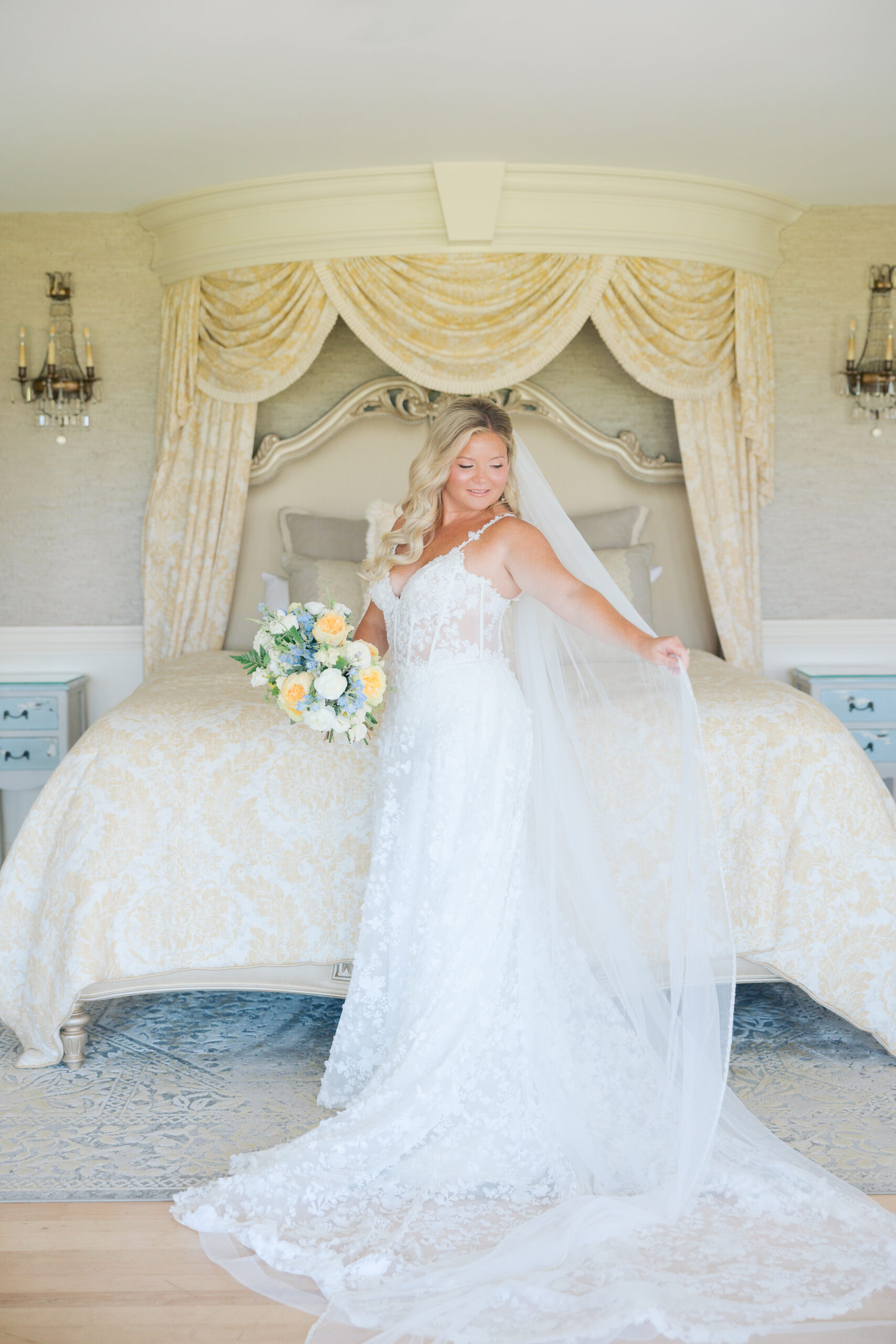 Candid getting-ready moment in one of Bonnet Island Estate's private bridal suites